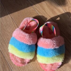 UGG Pink and Yellow Fluffy Slide Slippers